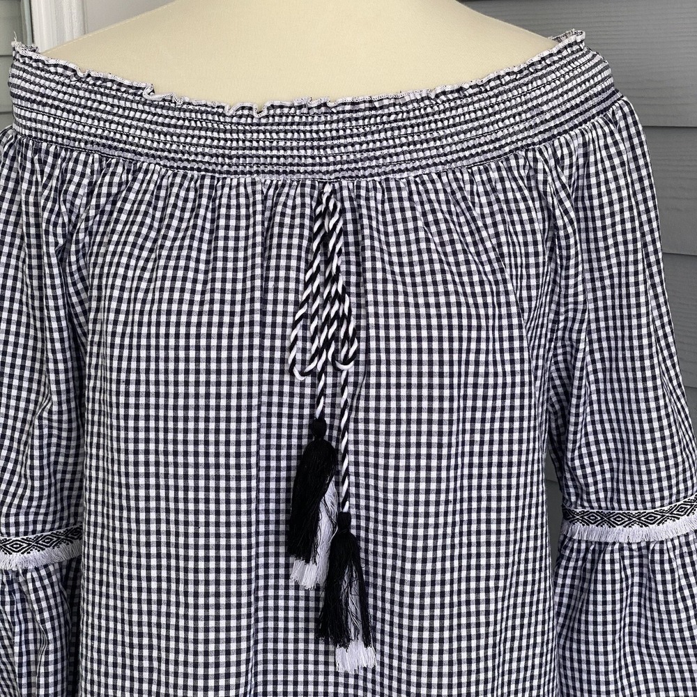 Studio West Apparel Women Top L Blouse Cotton White Black Loose Flowy Tassel
